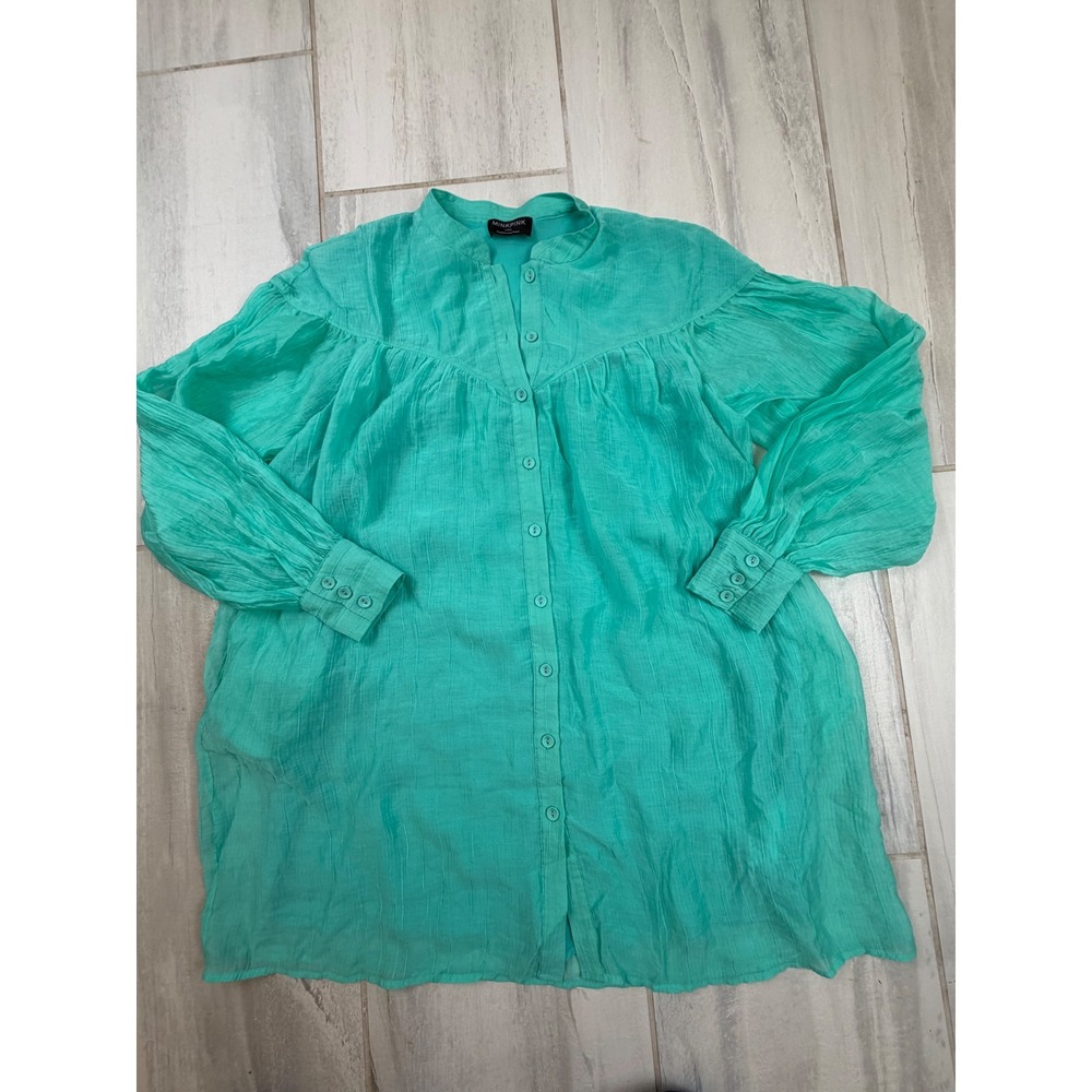 Minkpink Womens Large Teal Green Crinkle Lyocell Button Up Tunic Top MG2401479